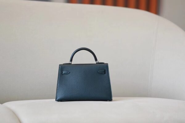 Hermes Mini Kelly Chevre Leather Cypress green & Blue Silver Hardware 19cm Full Handmade