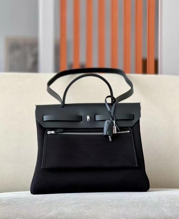 828ec9e7dee26ba Hermes Herbag Barenia & canvas CK89 Black Enamel buckle Silver Hardware 31cm Full Handmade