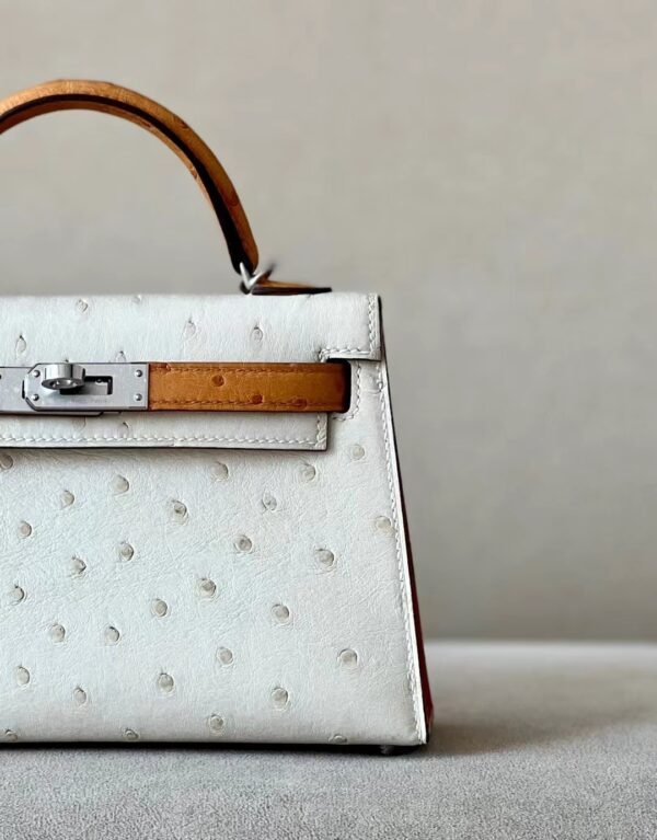 85a641fdfc50c10 Hermes Mini Kelly Ostrich 8L Ice White & 22 Desert color Silver Hardware 19cm Full Handmade