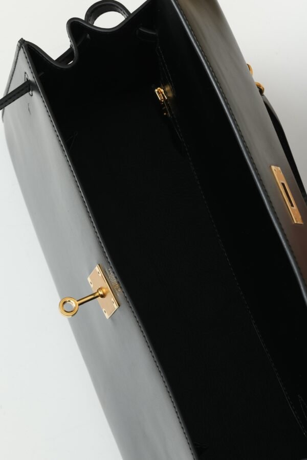 GPC Mode Kelly Shiny Box Leather CK89 Black Gold Hardware 35cm Full Handmade