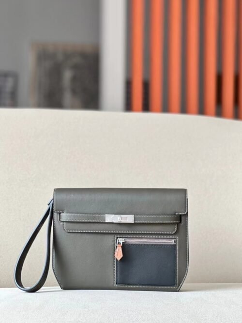 Hermes Kelly Depeches Swift C6 celadon & CK89 Black & CK37 Golden Brown Silver Hardware 25cm Full Handmade