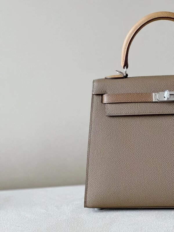 Hermes Kelly Epsom 18 Etoupe Grey & 3G chestnut & 4B Khaki Silver Hardware 25cm Full Handmade