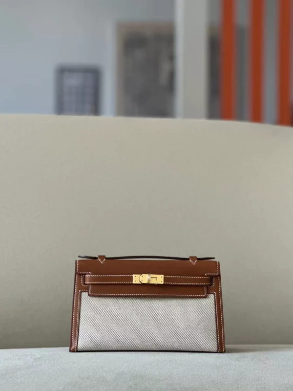 Hermès Kelly pochette Barenia & Canvas CK37 Golden Brown Gold Hardware 22cm Full Handmade