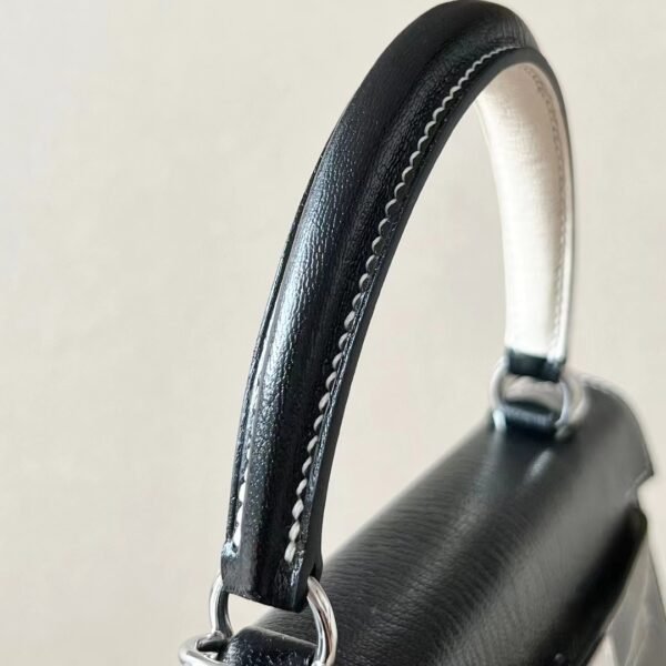 Hermes Kelly Chevre CK89 Black & Creamy White Silver Hardware 25cm Full Handmade