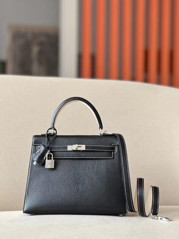 Hermes Kelly Chevre CK89 Black & Creamy White Silver Hardware 25cm Full Handmade