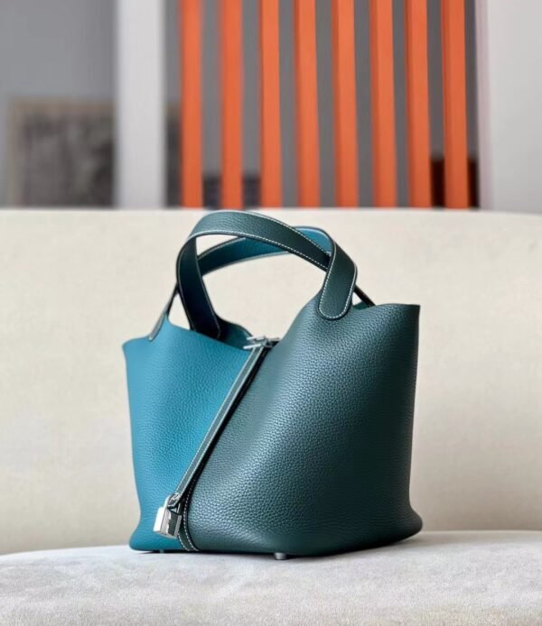 Hermes Picotin TC Leather cyan & Dark Green Silver Hardware 22cm Full Handmade
