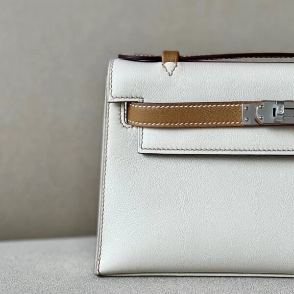 Hermes mini Kelly pochette Swift CC10 Creamy White & 4B Khaki Silver Hardware 22cm Full Handmade
