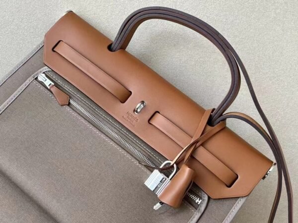 Hermes Herbag Barenia & canvas CK18 Etoupe Grey & Coffee Silver Hardware 31cm Full Handmade