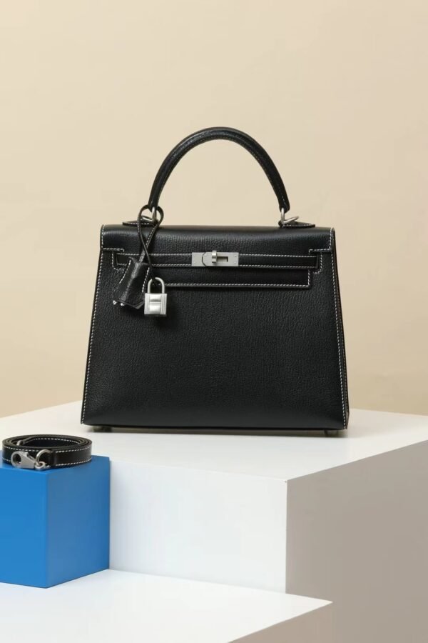 GPC Mode Kelly Chevre CK89 Black & CK80 Pearl grey Silver Hardware 25cm Full Handmade