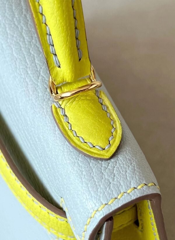 Hermès mini Kelly Chevre 80 Pearl grey & 9R Lemon yellow Gold Hardware 19cm Full Handmade