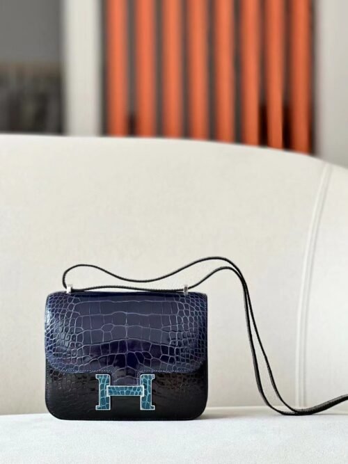 Hermes Constance Shiny Alligator 8X Deep Blue & CK89 Black & VO Green crocodile buckle Silver Hardware 18cm Full Handmade