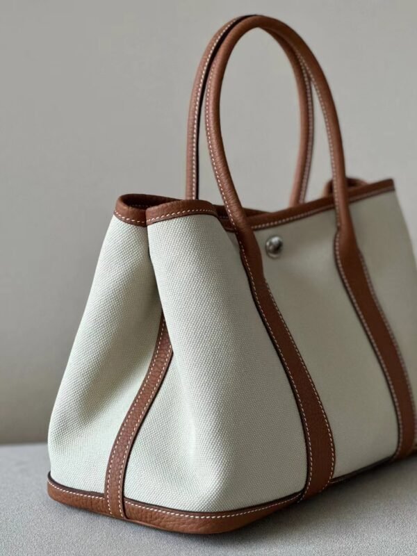 Hermès Garden party Ne Leather & Canvas Light Grey & CK37 Golden Brown Silver Hardware 30cm Full Handmade