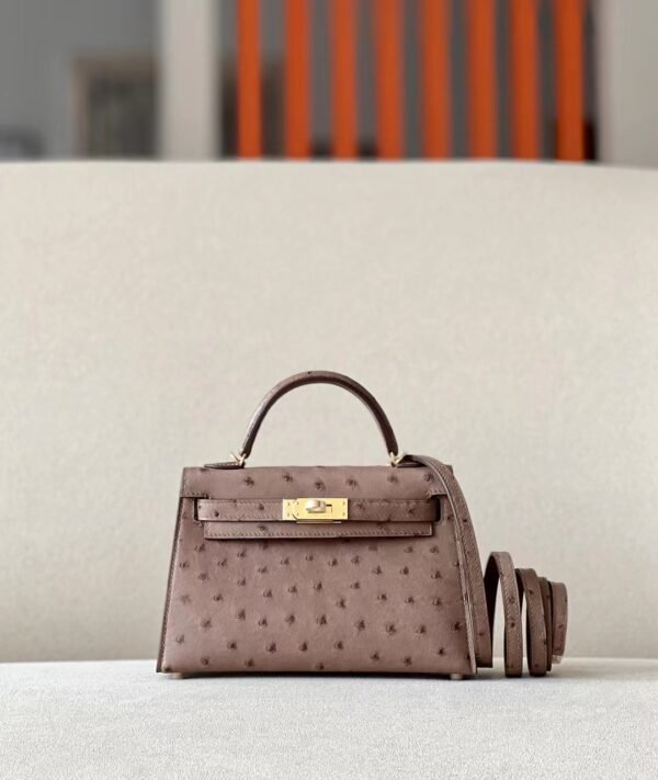 Hermes Mini Kelly Ostrich Khaki Gold Hardware 19cm Full Handmade