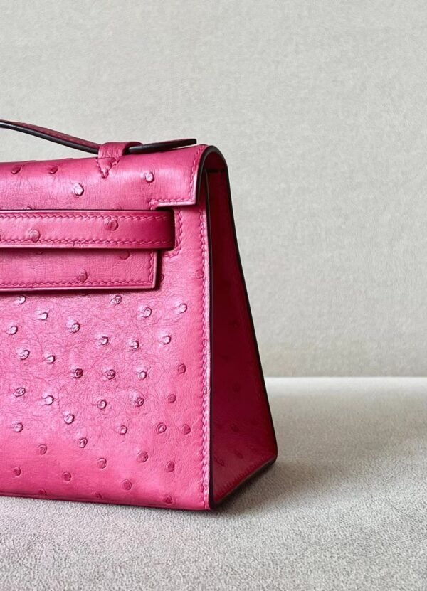 Hermes Mini Kelly pochette Ostrich E5 Candy Pink Silver Hardware 22cm Full Handmade