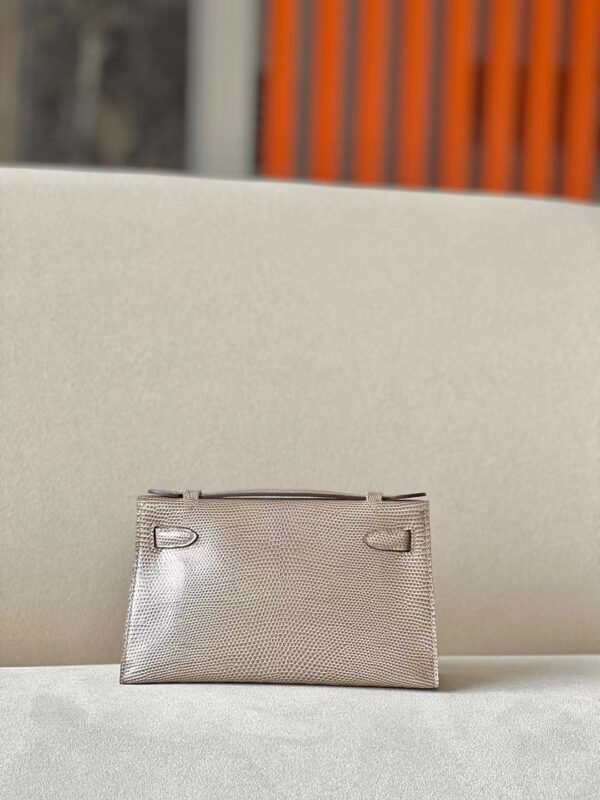 Hermes mini Kelly pochette Lizard CC17 Twine grey Silver Hardware 22cm Full Handmade