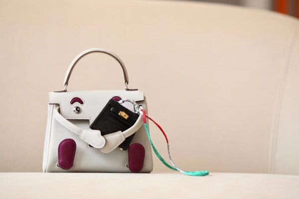 Hermes Kelly doll Swift Pearl grey & Rose Purple Silver Hardware 16cm Full Handmade