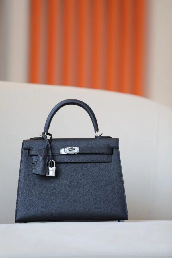 Hermès Kelly Epsom ck89 Black Silver Hardware 25cm Full Handmade