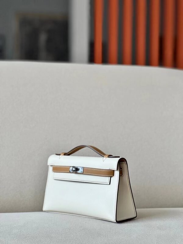 Hermes mini Kelly pochette Swift CC10 Creamy White & 4B Khaki Silver Hardware 22cm Full Handmade