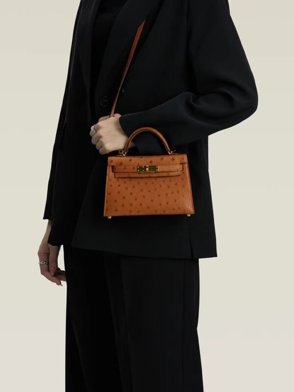 GPC Mode mini kelly Ostrich Leather Golden brown Gold Hardware 19cm Full Handmade