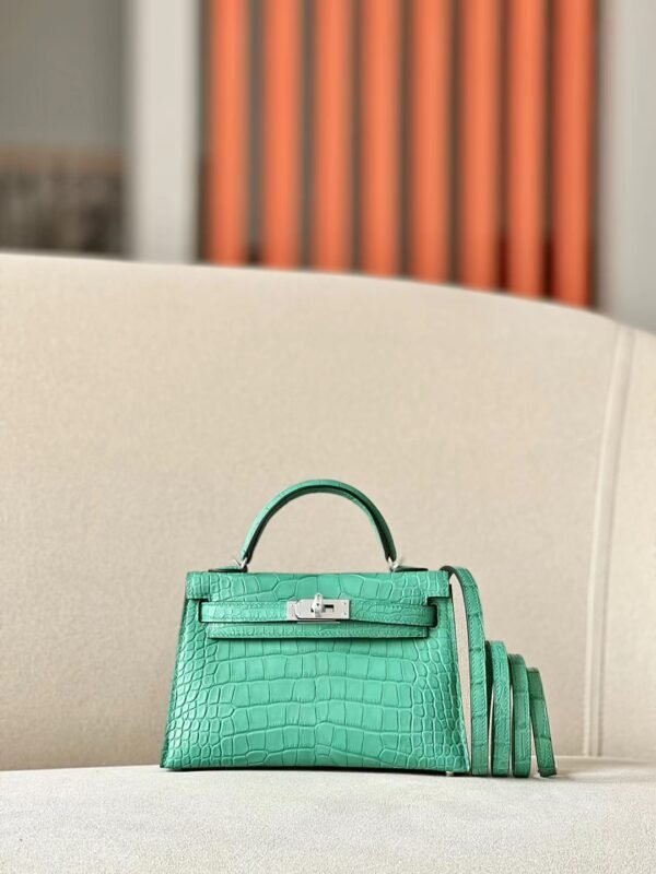 Hermes Mini Kelly Matte Alligator crocodile 06 turquoise Silver Hardware 19cm Full Handmade