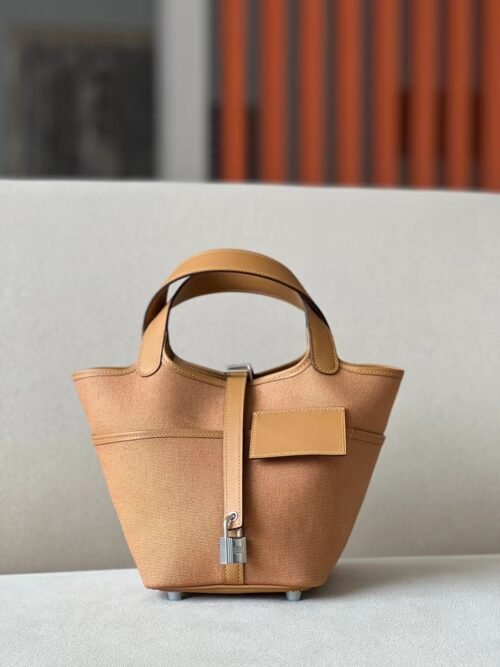 Hermes Picotin Canvas & Swift 4B Biscuit Khaki Silver Hardware 18cm Full Handmade