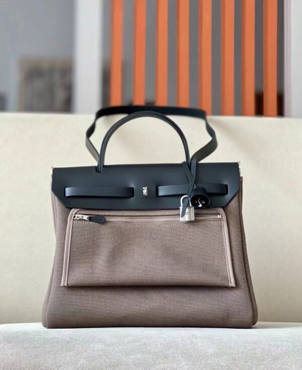 9d6a1369517903f Hermes Herbag Barenia & Canvas CK18 Etoupe Grey & CK89 Black Silver Hardware 31cm Full Handmade