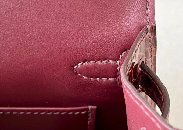 Hermes Mini Kelly Shiny Alligator crocodile Reddish Brown Silver Hardware 19cm Full Handmade