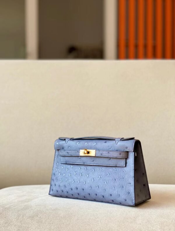 Hermes Mini Kelly pochette Ostrich 82 Agate grey Gold Hardware 22cm Full Handmade