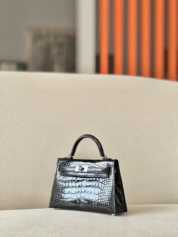 Hermes mini Kelly Shiny Wild Alligator crocodile CK89 Black Silver Hardware 19cm Full Handmade