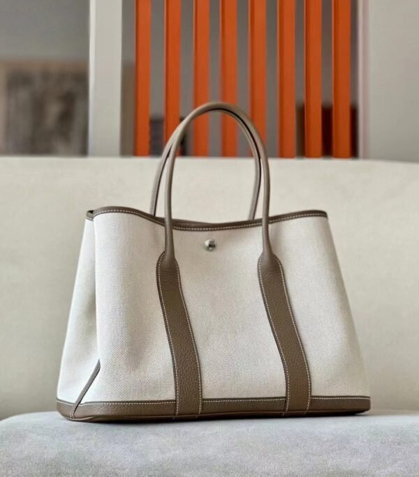 Hermes Garden Party TC Leather & Canvas Creamy White & Etoupe Silver Hardware 36cm Full Handmade
