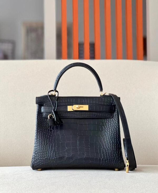 Hermes Kelly Matte Alligator crocodile CK89 Black Gold Hardware 28cm Full Handmade