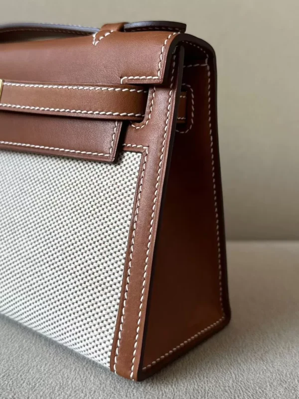 Hermès Kelly pochette Barenia & Canvas CK37 Golden Brown Gold Hardware 22cm Full Handmade