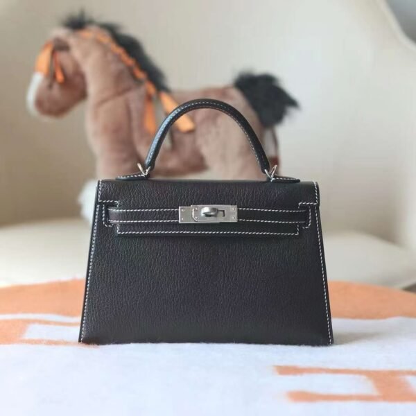 GPC Mode Mini kelly Chever Leather CK89 Black & CK80 Pearl Grey Silver Hardware 19cm Full Handmade