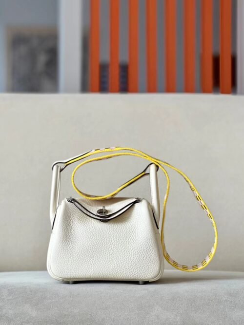 Hermes mini Lindy clemence Creamy white & yellow Silver Hardware 19cm Full Handmade