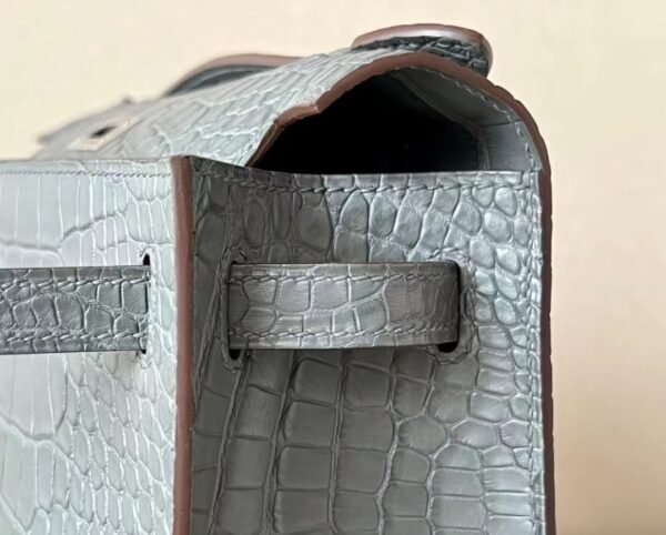 Hermes mini Kelly pochette Matte Alligator tinware grey Silver Hardware 22cm Full Handmade