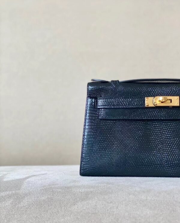 Hermes Mini Kelly pochette Lizard Dark blue Gold Hardware 22cm Full Handmade
