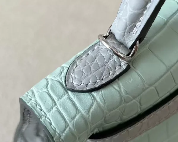Hermès Mini Kelly Matte Alligator crocodile 6U Mint green & 80 Pearl grey Silver Hardware 19cm Full Handmade