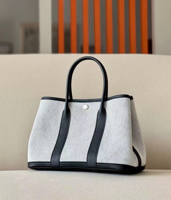 Hermes Garden Party NE Leather & Canvas Ashen & Black Silver Hardware 30cm Full Handmade