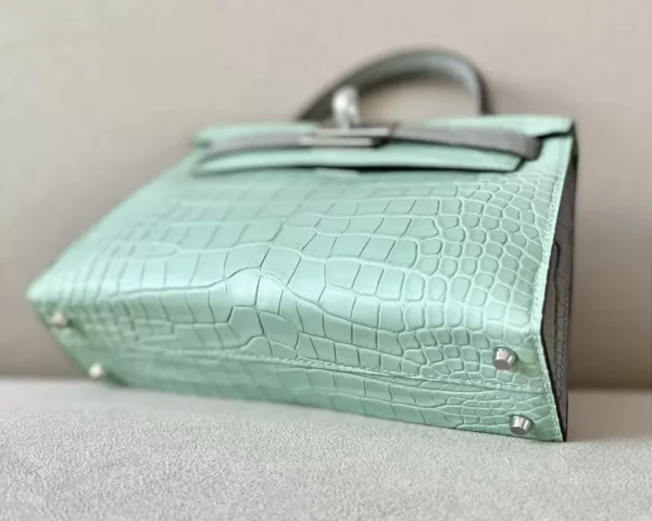 Hermès Mini Kelly Matte Alligator crocodile 6U Mint green & 80 Pearl grey Silver Hardware 19cm Full Handmade