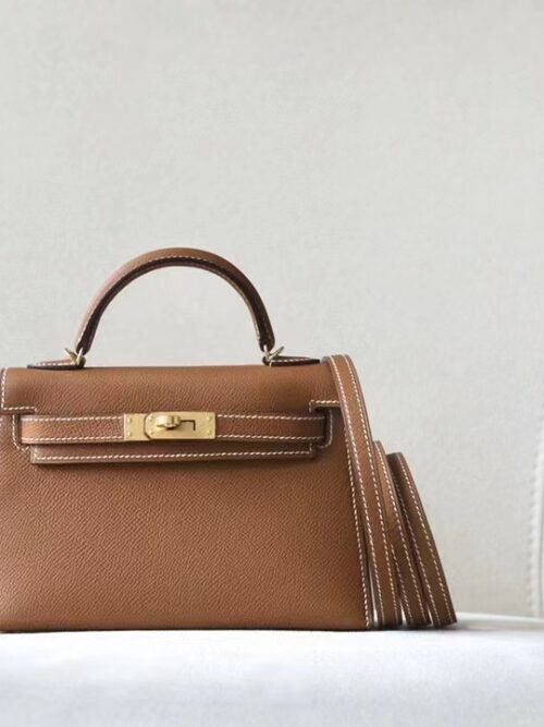 Hermes Mini Kelly Epsom CK37 Golden Brown Gold Hardware 19cm Full Handmade