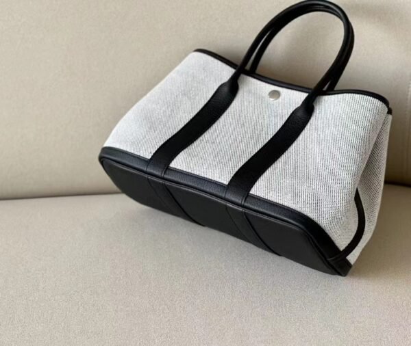 Hermes Garden Party NE Leather & Canvas Ashen & Black Silver Hardware 30cm Full Handmade