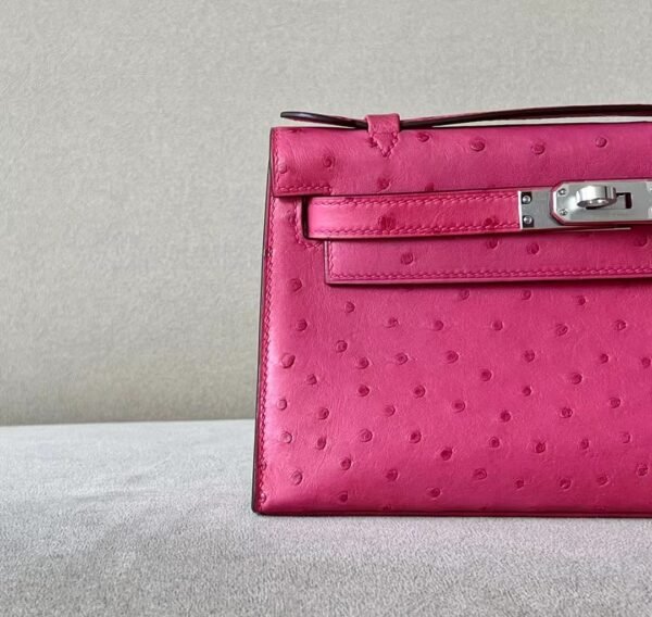 Hermes Mini Kelly pochette Ostrich E5 Candy Pink Silver Hardware 22cm Full Handmade