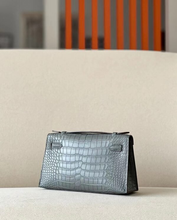 Hermes mini Kelly pochette Matte Alligator tinware grey Silver Hardware 22cm Full Handmade