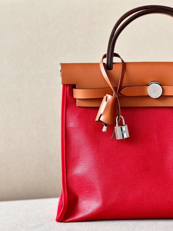 Hermes Herbag Barenia & Canvas Red & Golden Brown Silver Hardware 31cm Full Handmade