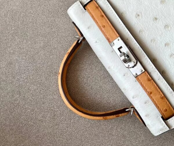 ba24a6e9042d9f3 Hermes Mini Kelly Ostrich 8L Ice White & 22 Desert color Silver Hardware 19cm Full Handmade