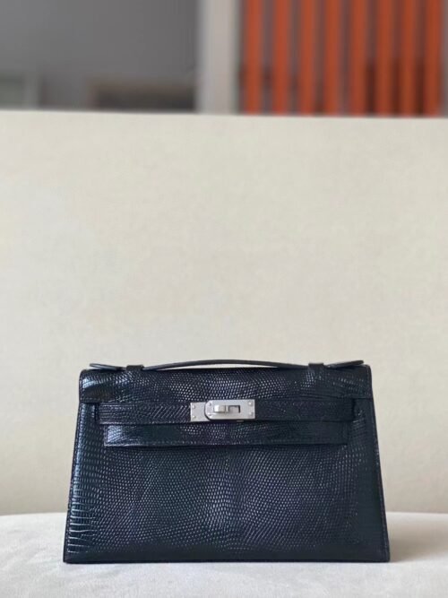 Hermes Kelly potteche Lizard CK89 Black Silver Hardware 25cm Full Handmade