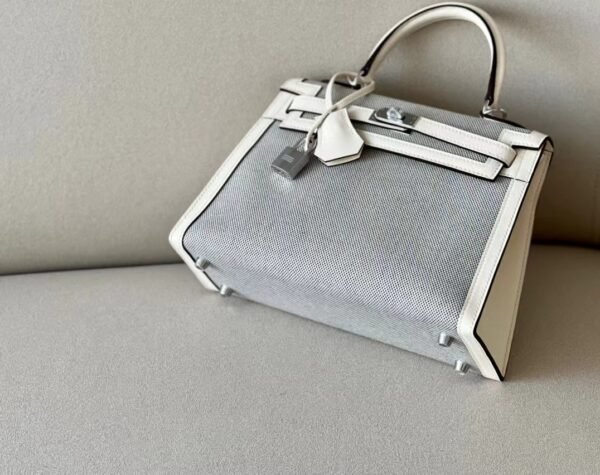 Hermes Kelly Swift & Canvas Grey & White Silver Hardware 25cm Full Handmade