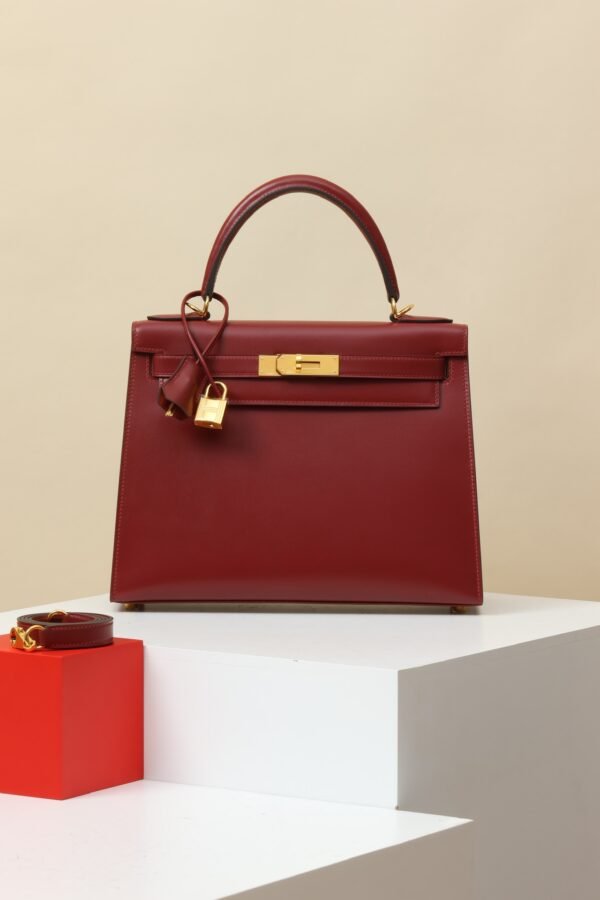 bba5d654be72ab6-1 GPC Mode Kelly Shiny Box Leather CK55 Bordeaux Red Gold Hardware 28cm Full Handmade
