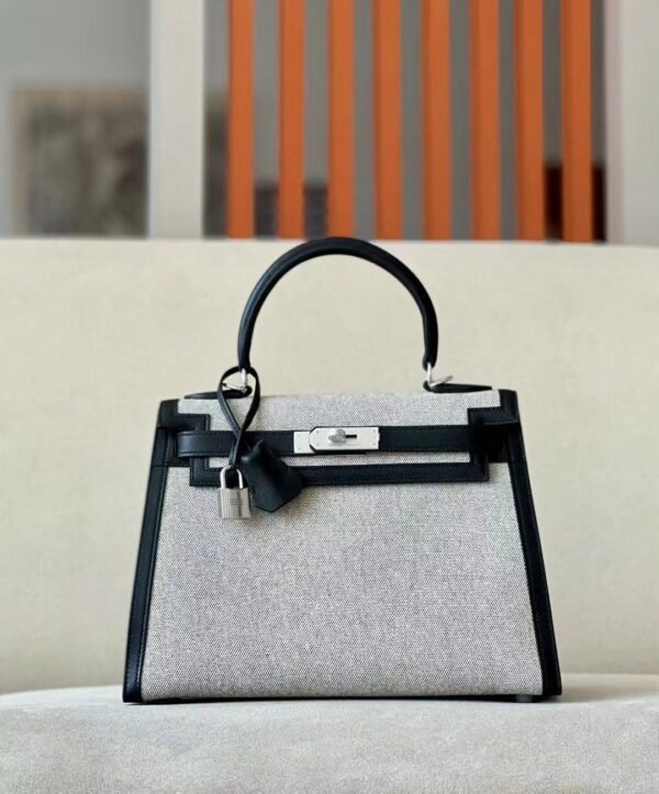 Hermes Kelly swift & canvas CK89 Black Silver Hardware 28cm Full Handmade