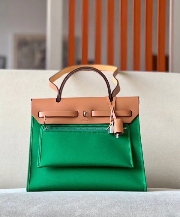 bcac03c0c946a31 Hermes Herbag Barenia & Canvas 1K Bamboo green & Light Coffee Silver Hardware 31cm Full Handmade